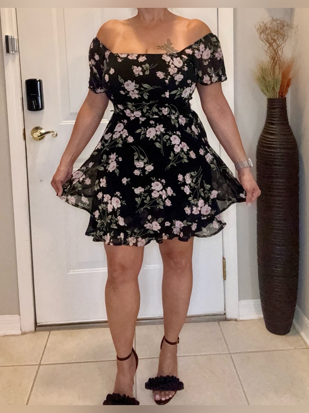 Off-Shoulder Black Floral Mini Dress - Elegant or Casual Summer Style